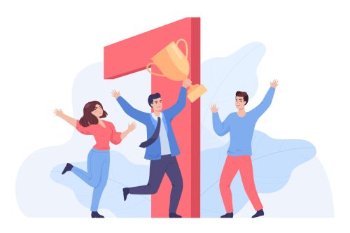 Group of employees with award or trophy in front of number one Group of employees with award or trophy in front of number one. Cartoon business people as competition winners with cup for first place flat vector illustration. Success, challenge, victory concept